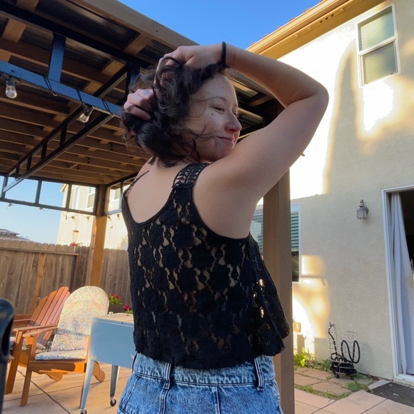 Edgy Unique Black Mesh Lace Cropped Top Tank with a Dual-Sided Design (Medium) - Picture 3 of 10